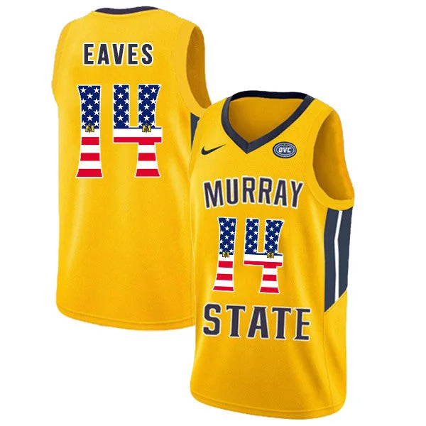 Football Jersey With Name And Number-Basketball Jersey With Name And Number-Murray State Racers 14 Jaiveon Eaves Yellow USA Flag College Basketball Basketball Jersey