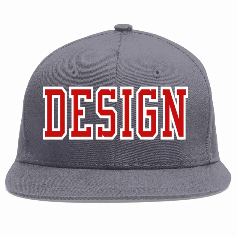 Baseball Cap With Cool Straps-Custom Dark Gray Red-White Flat Eaves Sport Baseball Cap Design for Men/Women/Youth