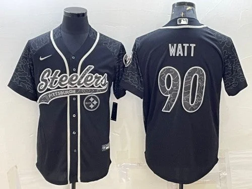 Baseball Jersey With Personalized Stitching-Men's Pittsburgh Steelers #90 T.J. Watt Black Reflective With Patch Cool Base Stitched Baseball Jersey