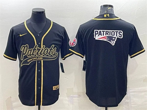 Baseball Jersey For Player Recognition-Men's New England Patriots Black Gold Team Big Logo With Patch Cool Base Stitched Baseball Jersey