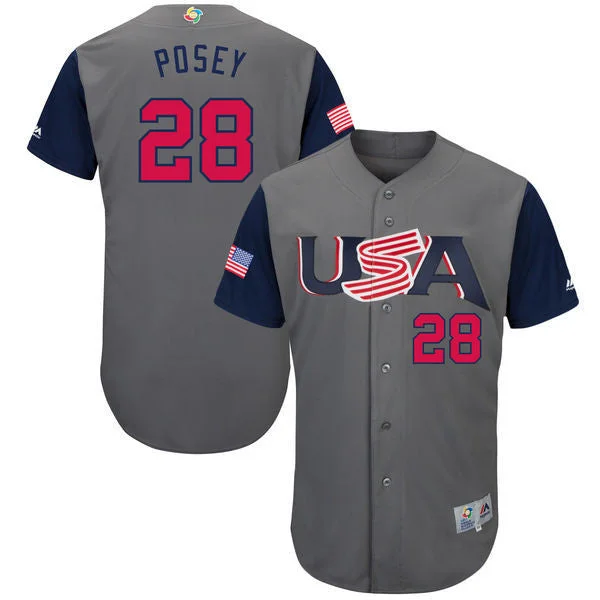 Custom Printed Baseball Jersey-Men's USA Baseball 28 Buster Posey Gray 2017 World Baseball Classic Jersey