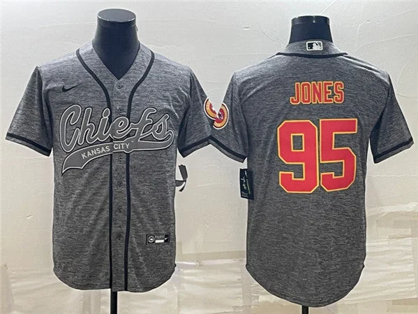 Baseball Jersey For Fundraising-Men's Kansas City Chiefs #95 Chris Jones Gray With Patch Cool Base Stitched Baseball Jersey