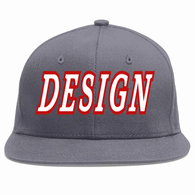 Baseball Cap For Group Events-Custom Dark Gray White-Red Flat Eaves Sport Baseball Cap Design for Men/Women/Youth