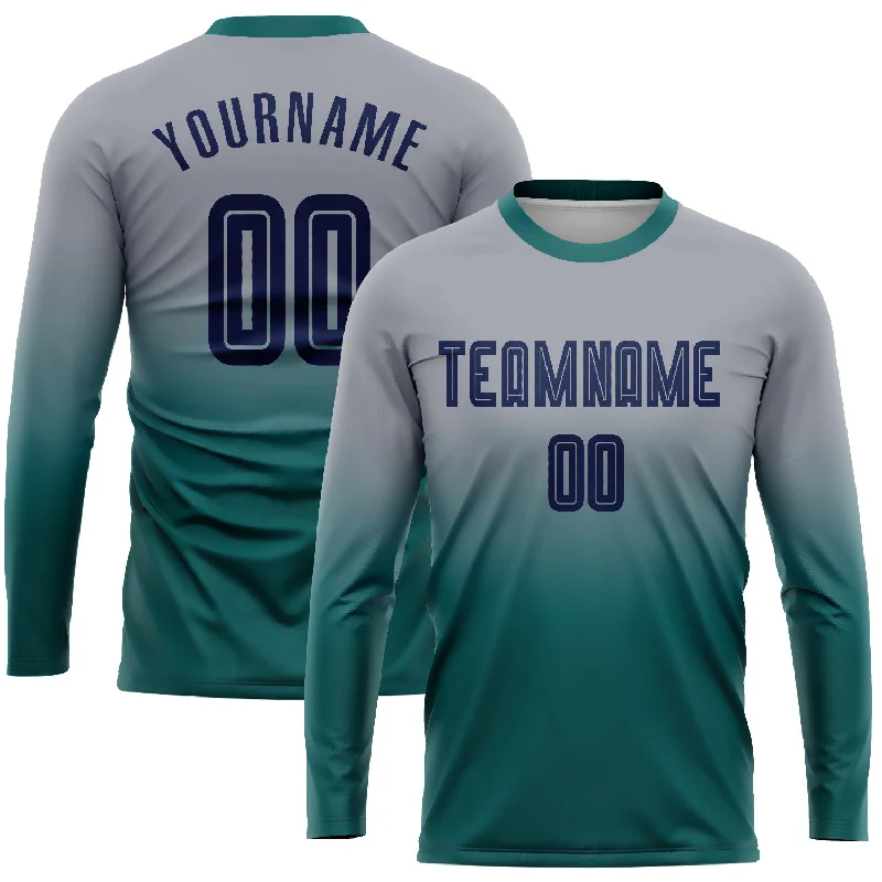 Football Jersey For Team Merchandise-Custom Gray Navy-Teal Sublimation Long Sleeve Fade Fashion Soccer Uniform Jersey