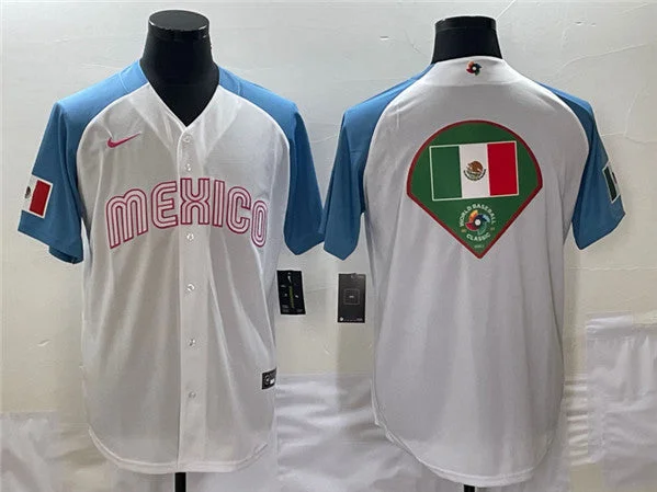 Baseball Jersey For Practice Sessions-Men's Mexico Baseball 2023 White Blue World Baseball Big Logo Classic Stitched Jersey