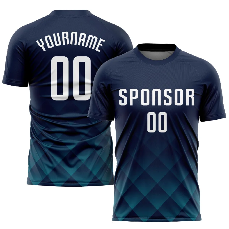 Football Jersey For Softball Leagues-Custom Navy White-Teal Sublimation Soccer Uniform Jersey