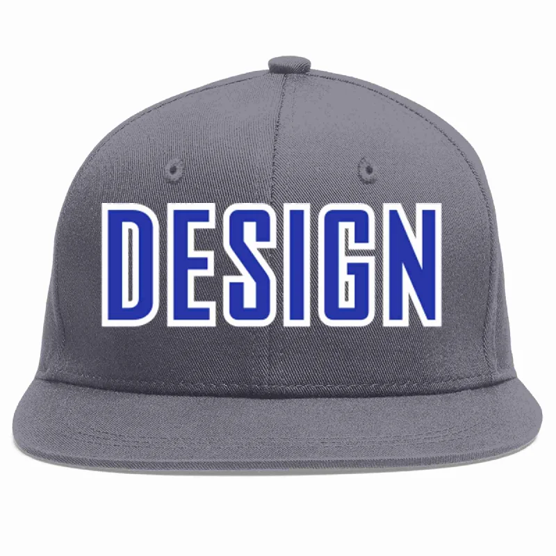 Baseball Cap For Custom Fan Gear-Custom Dark Gray Royal-White Flat Eaves Sport Baseball Cap Design for Men/Women/Youth