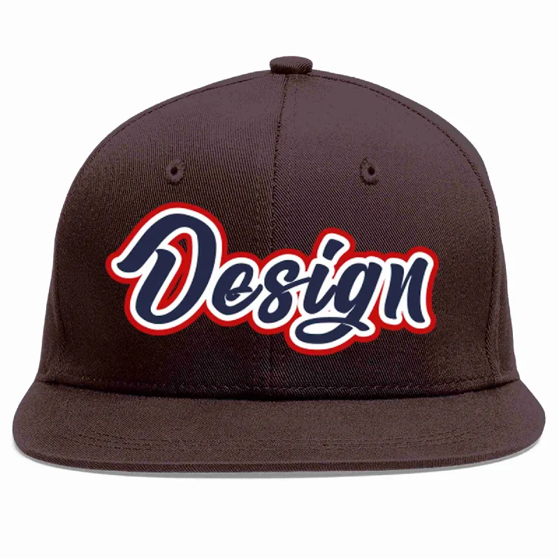 Baseball Cap With Embroidered Designs-Custom Brown Navy-White Flat Eaves Sport Baseball Cap Design for Men/Women/Youth