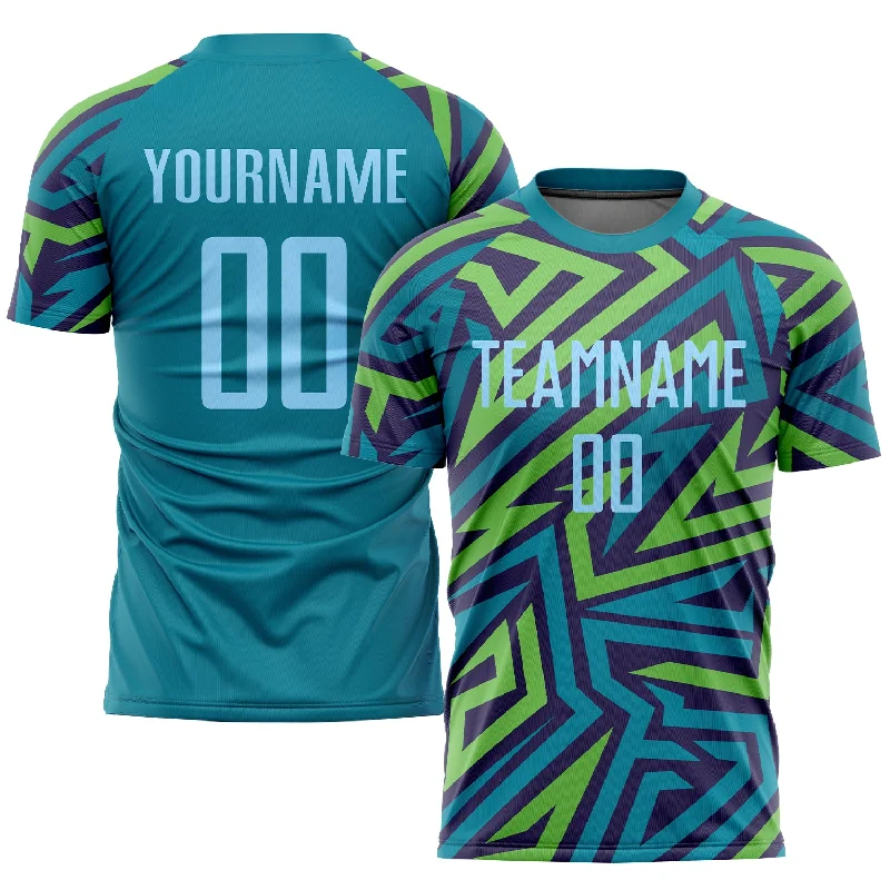 Football Jersey With Custom Numbers-Custom Teal Light Blue-Kelly Green Sublimation Soccer Uniform Jersey