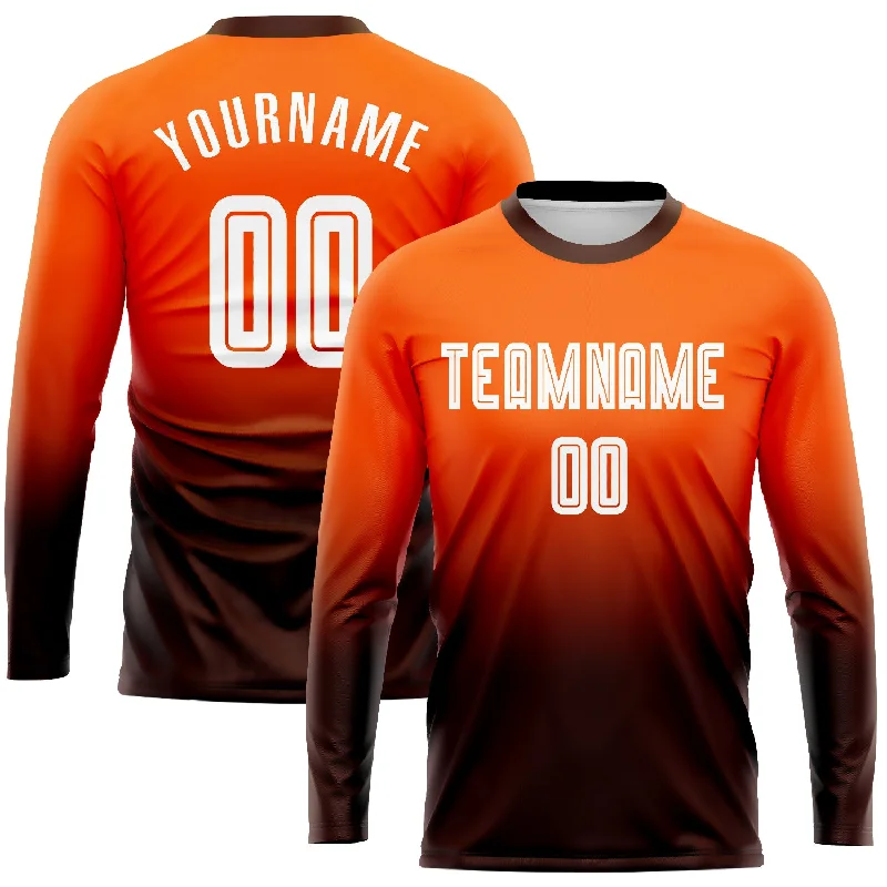 Football Jersey For College Teams-Custom Orange White-Brown Sublimation Long Sleeve Fade Fashion Soccer Uniform Jersey