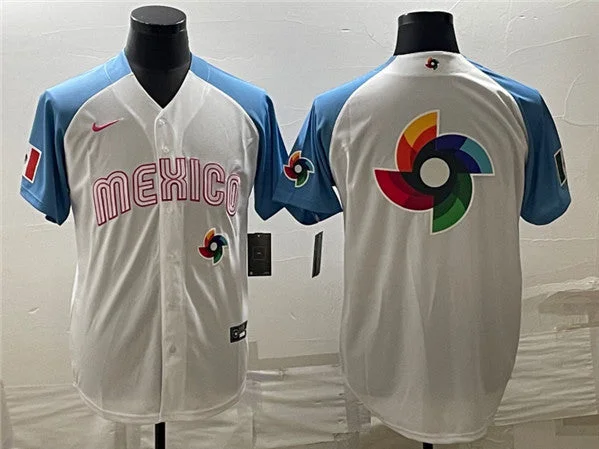 Baseball Jersey For Alumni Teams-Men's Mexico Baseball 2023 White Blue World Baseball Big Logo With Patch Classic Stitched Jersey