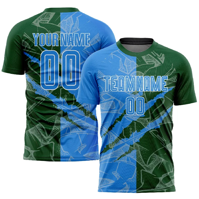 Football Jersey With Motivational Quotes-Custom Graffiti Pattern Powder Blue-Green Scratch Sublimation Soccer Uniform Jersey