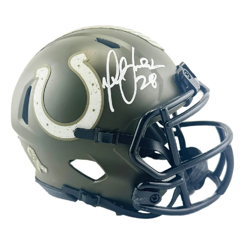 Rugby Helmet For Rugged Sports Gear-Marshall Faulk Signed Indianapolis Colts Salute to Service Mini Football Helmet (Beckett)