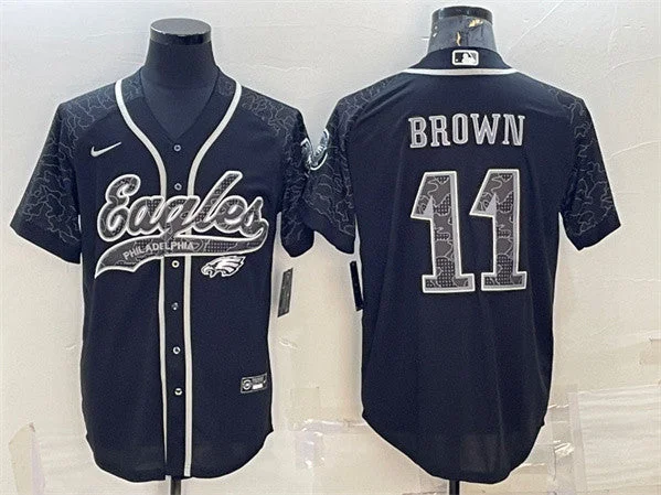 Baseball Jersey With Custom Design-Men's Philadelphia Eagles #11 A. J. Brown Black Reflective With Patch Cool Base Stitched Baseball Jersey