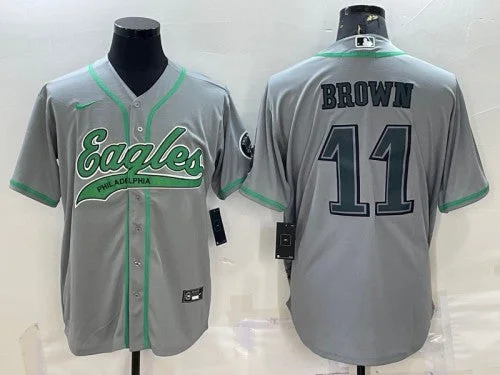 Baseball Jersey With Creative Artwork-Men's Philadelphia Eagles #11 A. J. Brown Gray With Patch Cool Base Stitched Baseball Jersey