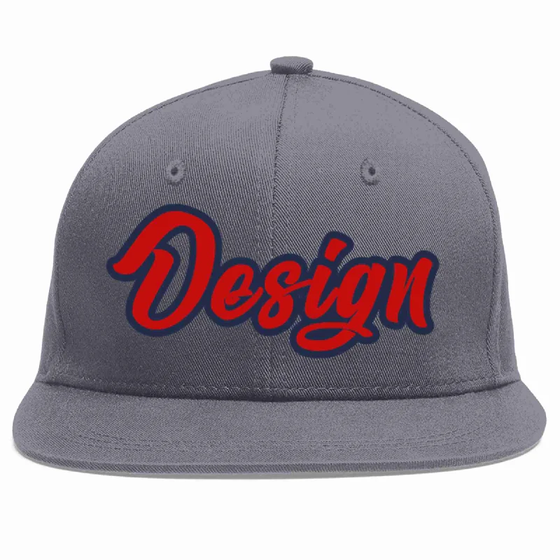 Baseball Cap For Family Photoshoots-Custom Dark Gray Red-Navy Flat Eaves Sport Baseball Cap Design for Men/Women/Youth