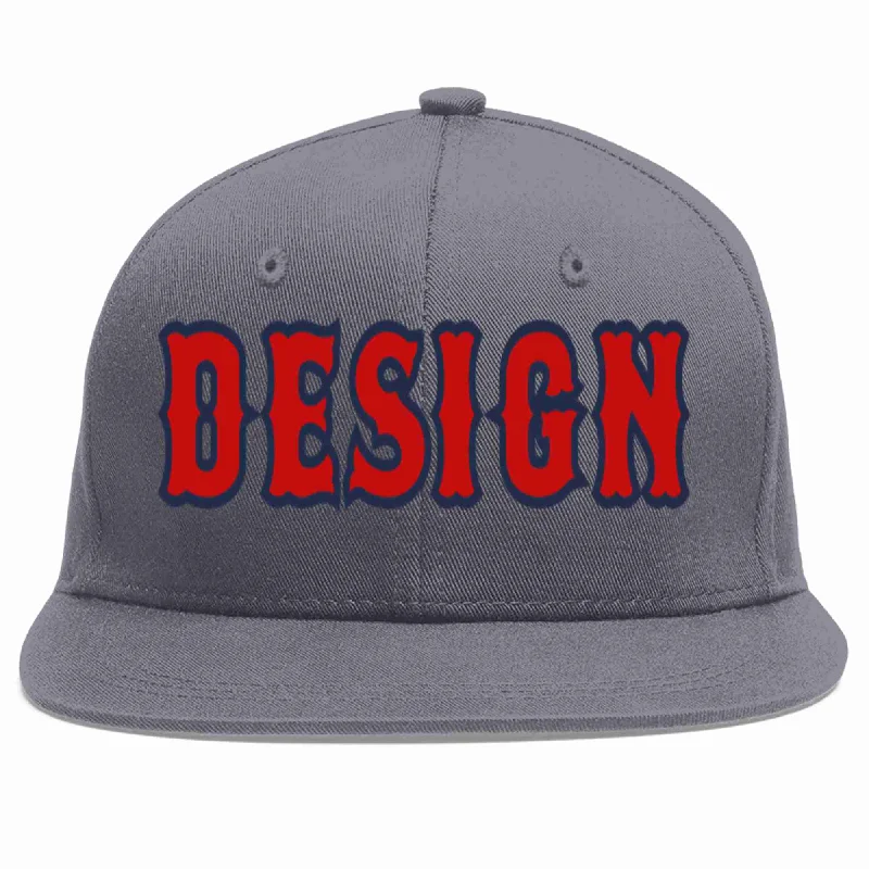 Baseball Cap For Travel-Custom Dark Gray Red-Navy Flat Eaves Sport Baseball Cap Design for Men/Women/Youth