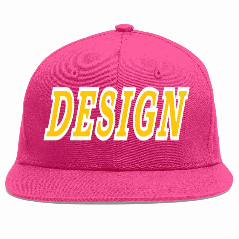 Baseball Cap For Stylish Look-Custom Rose Red Gold-White Flat Eaves Sport Baseball Cap Design for Men/Women/Youth