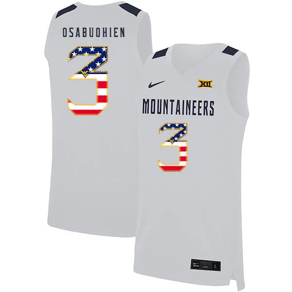 Football Jersey With Name On Back-Basketball Jersey With Name On Back-West Virginia Mountaineers 3 Gabe Osabuohien White USA Flag Basketball College Basketball Jersey