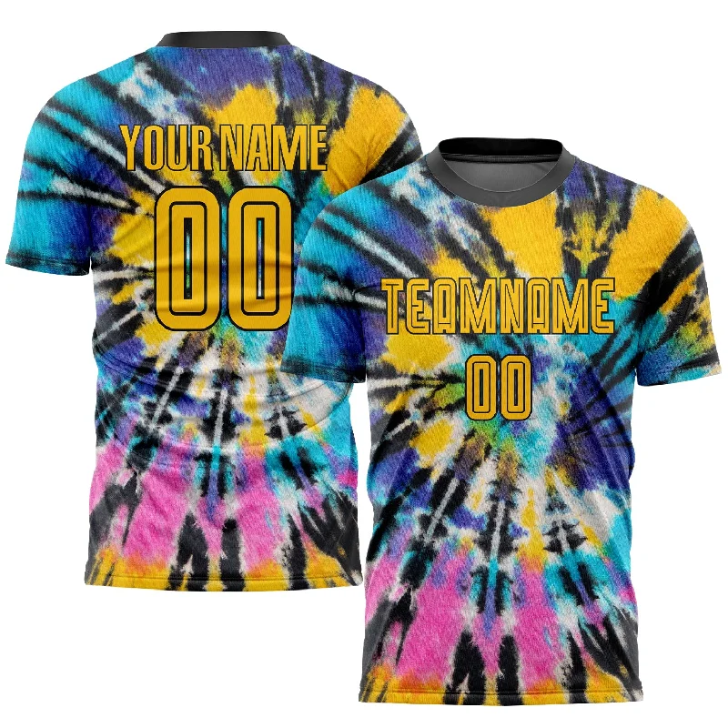 Football Jersey With Logo-Custom Tie Dye Gold-Black Sublimation Soccer Uniform Jersey