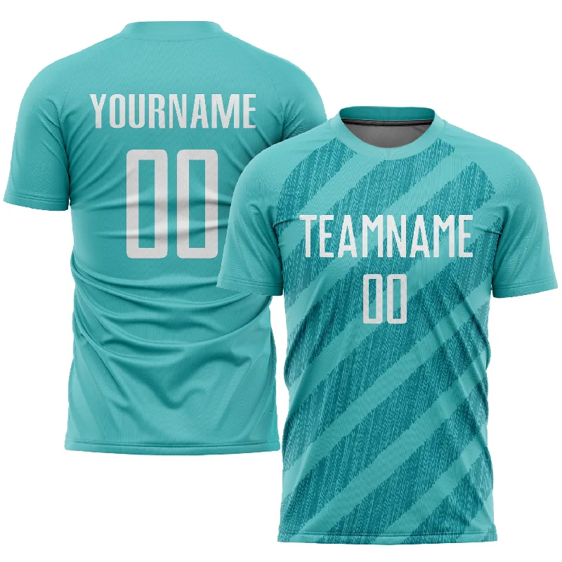 Football Jersey With Player Numbers And Logos-Custom Aqua White Sublimation Soccer Uniform Jersey