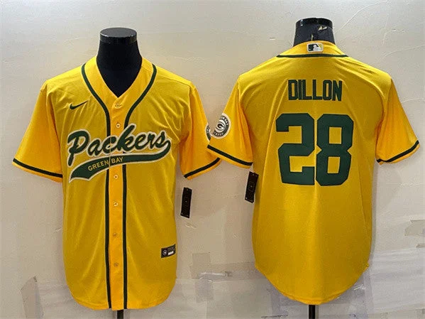 Baseball Jersey For Softball Leagues-Men's Green Bay Packers #28 A.J. Dillon Gold With Patch Cool Base Stitched Baseball Jersey