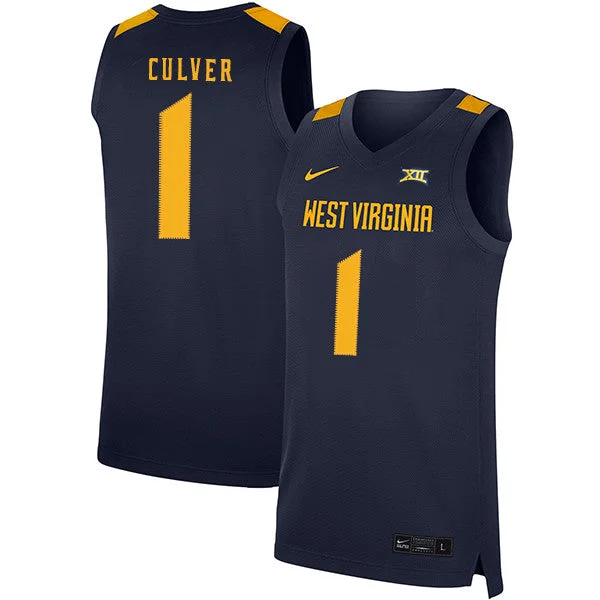 Football Jersey For College Teams-Basketball Jersey For College Teams-West Virginia Mountaineers 1 Derek Culver Navy Basketball College Basketball Jersey