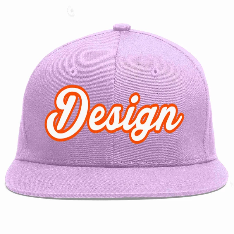 Baseball Cap For Tailgate Parties-Custom Light Purple White-Orange Flat Eaves Sport Baseball Cap Design for Men/Women/Youth