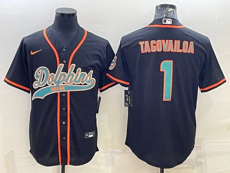 Baseball Jersey For Youth Baseball Leagues-Men's Miami Dolphins #1 Tua Tagovailoa Black With Patch Cool Base Stitched Baseball Jersey