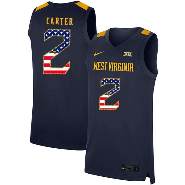 Football Jersey For High School Teams-Basketball Jersey For High School Teams-West Virginia Mountaineers 2 Jevon Carter Navy USA Flag Basketball College Basketball Jersey