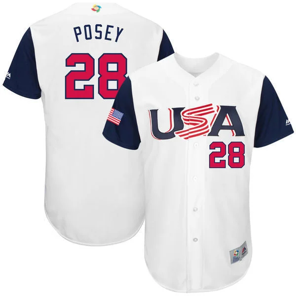 Baseball Jersey For Official Team Wear-Men's USA Baseball 28 Buster Posey White 2017 World Baseball Classic Jersey