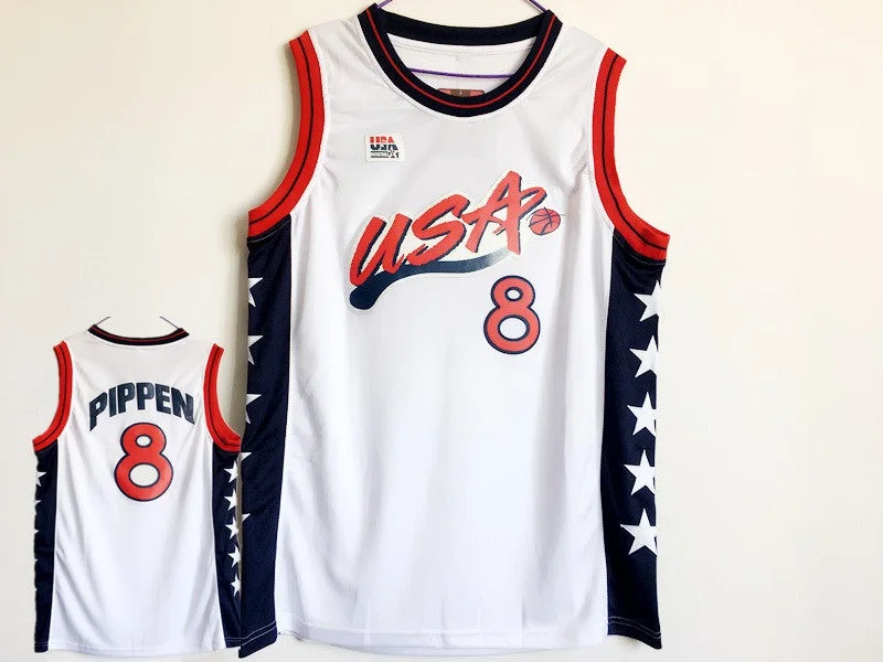 Football Jersey For Sports Teams-Basketball Jersey For Sports Teams-USA 8 Scottie Pippen White Dream Team III Basketball Jersey