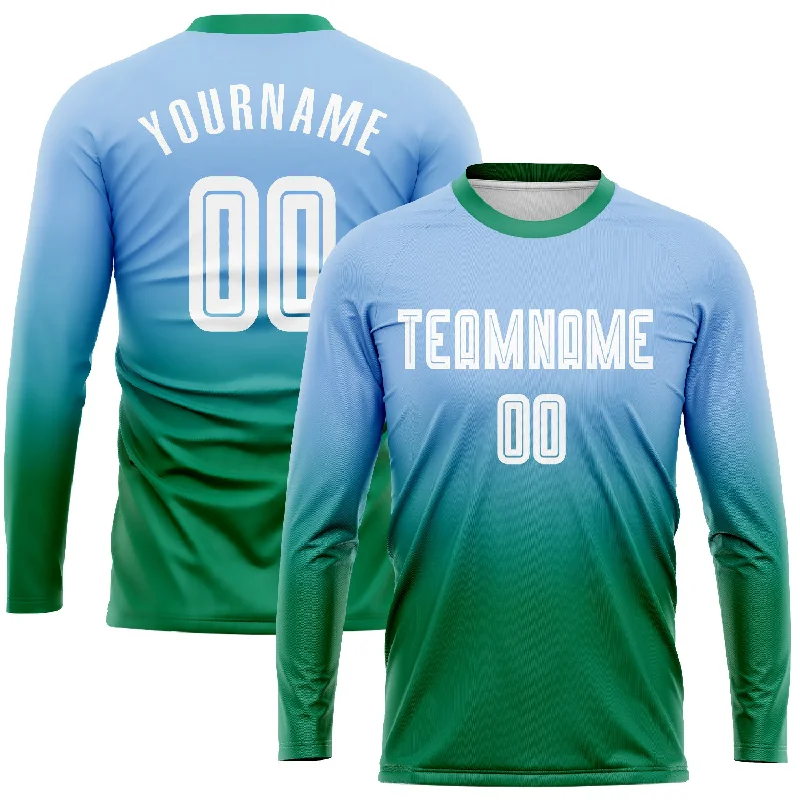 Football Jersey For Match Day-Custom Light Blue White-Kelly Green Sublimation Long Sleeve Fade Fashion Soccer Uniform Jersey