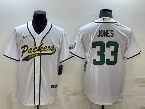 Baseball Jersey For Team Workouts-Men's Green Bay Packers #33 Aaron Jones White With Patch Cool Base Stitched Baseball Jersey