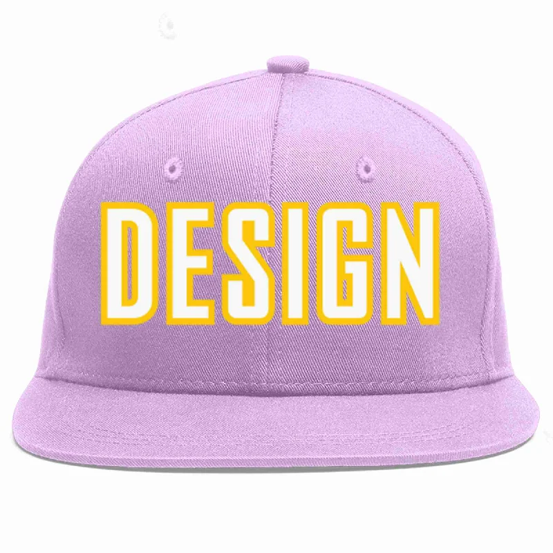 Baseball Cap For Sports Fans-Custom Light Purple White-Gold Flat Eaves Sport Baseball Cap Design for Men/Women/Youth