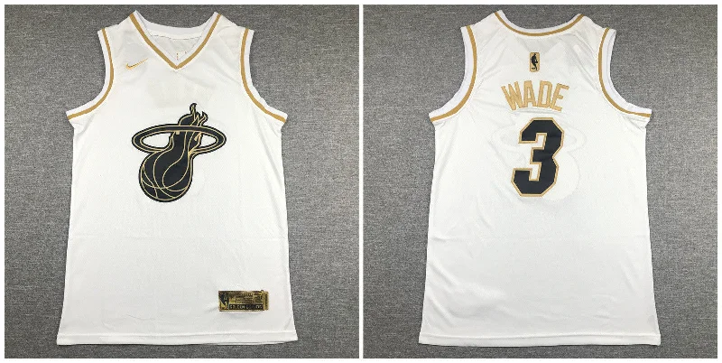 Custom Printed Football Jersey-Custom Printed Basketball Jersey-Heat 3 Dwyane Wade White Gold Swingman Basketball Jersey