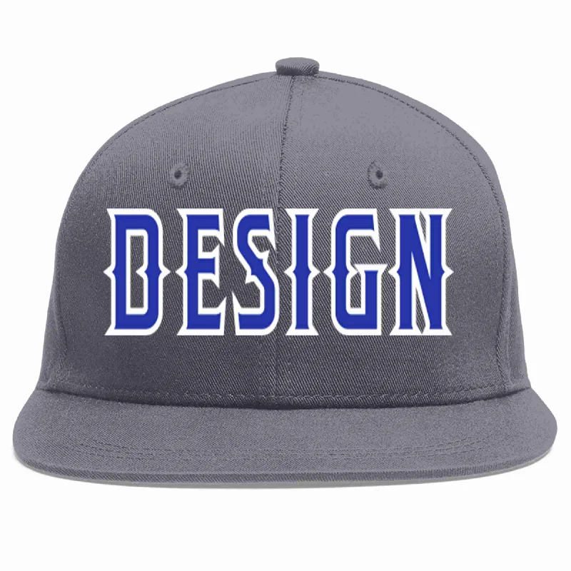 Baseball Cap For Personalized Style-Custom Dark Gray Royal-White Flat Eaves Sport Baseball Cap Design for Men/Women/Youth