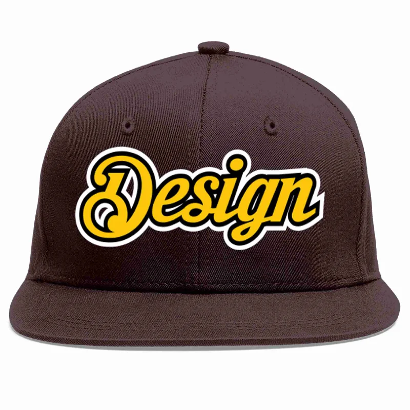 Baseball Cap For Stylish Outfits-Custom Brown Gold-Black Flat Eaves Sport Baseball Cap Design for Men/Women/Youth