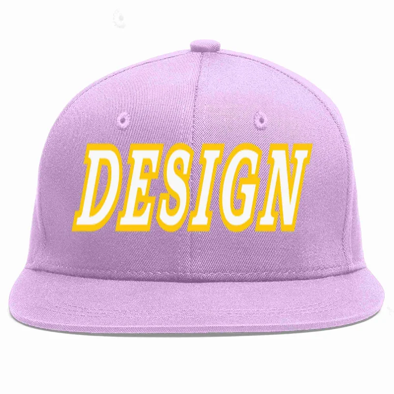 Baseball Cap With Matching Outfits-Custom Light Purple White-Gold Flat Eaves Sport Baseball Cap Design for Men/Women/Youth