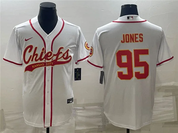 Custom Baseball Jersey With Player Name-Men's Kansas City Chiefs #95 Chris Jones White With Patch Cool Base Stitched Baseball Jersey