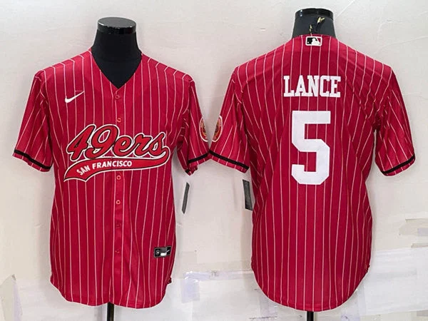 Baseball Jersey With Creative Artwork-Men's San Francisco 49ers #5 Trey Lance Red With Patch Cool Base Stitched Baseball Jersey