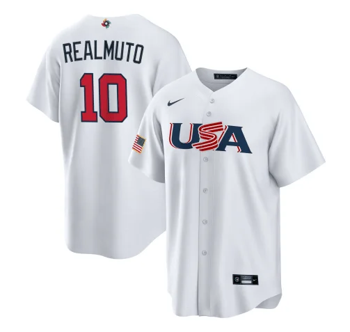 Baseball Jersey For School Uniforms-Men's USA Baseball #10 J.T. Realmuto 2023 White World Baseball Classic Stitched Jersey