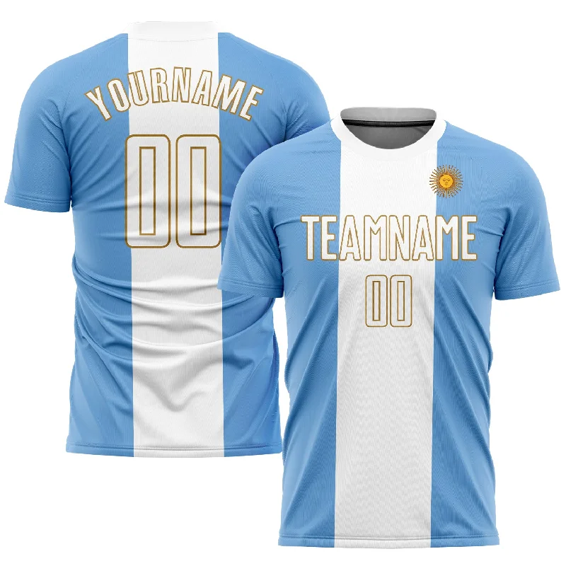 Football Jersey For Player Recognition-Custom Light Blue White-Old Gold Sublimation Argentinian Flag Soccer Uniform Jersey