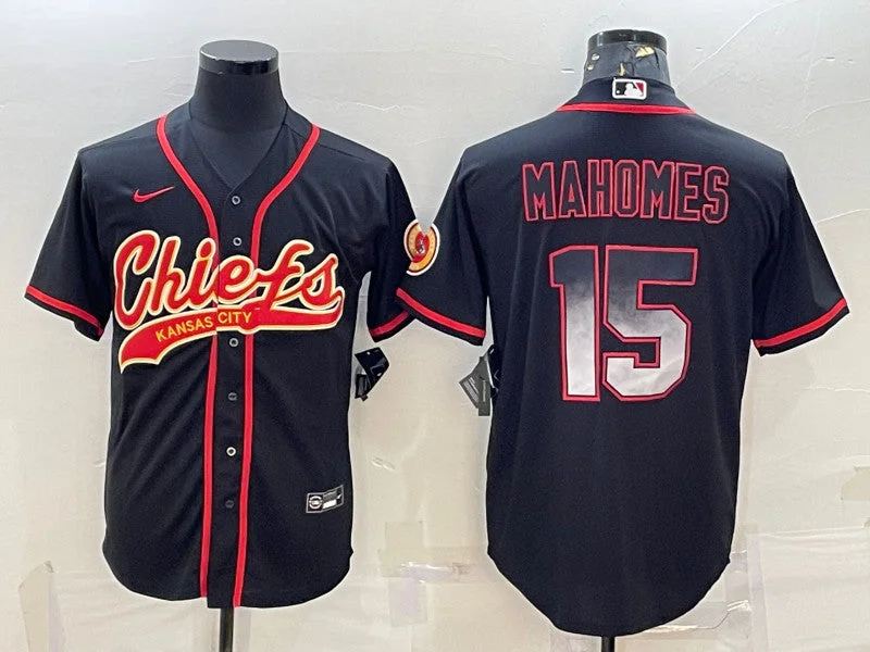 Baseball Jersey With Personalized Stitching-Men's Kansas City Chiefs #15 Patrick Mahomes Black Red With Patch Cool Base Stitched Baseball Jersey