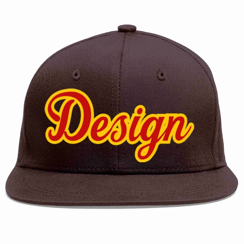 Baseball Cap With Bold Patterns-Custom Brown Red-Yellow Flat Eaves Sport Baseball Cap Design for Men/Women/Youth