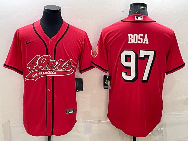 Baseball Jersey For School Teams-Men's San Francisco 49ers #97 Nick Bosa New Red With Patch Cool Base Stitched Baseball Jersey