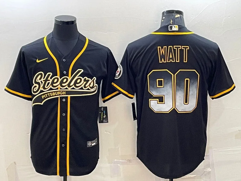 Baseball Jersey With Vintage Look-Men's Pittsburgh Steelers #90 T.J. Watt Black Gold With Patch Cool Base Stitched Baseball Jersey