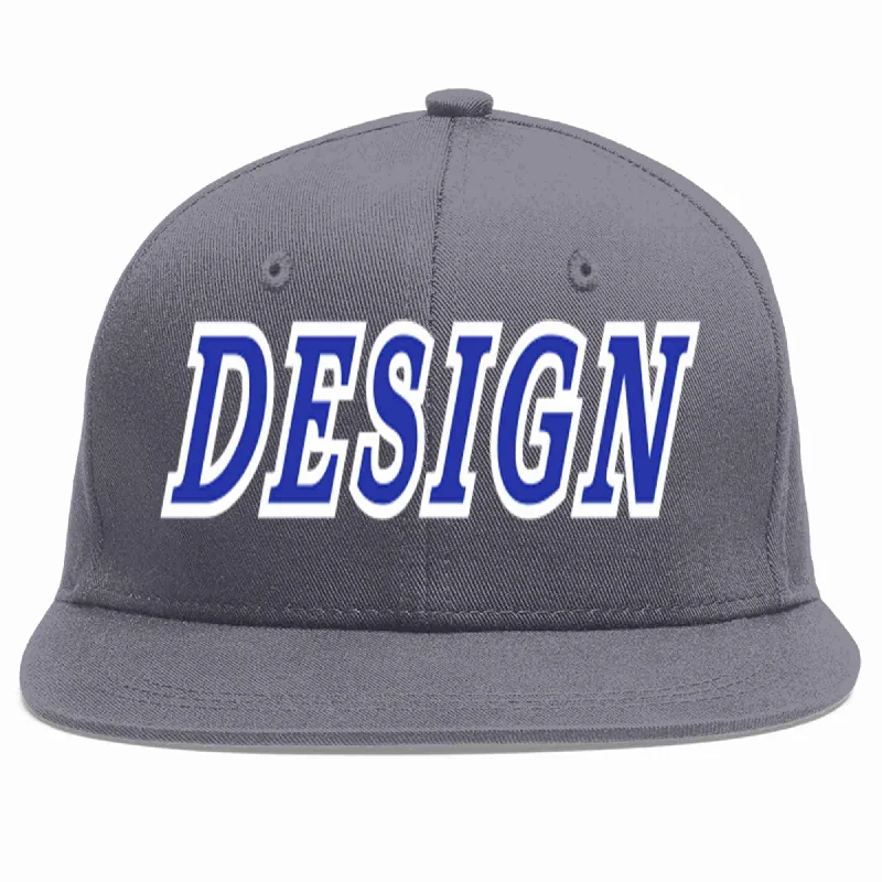 Baseball Cap For Youth Sports-Custom Dark Gray Royal-White Flat Eaves Sport Baseball Cap Design for Men/Women/Youth