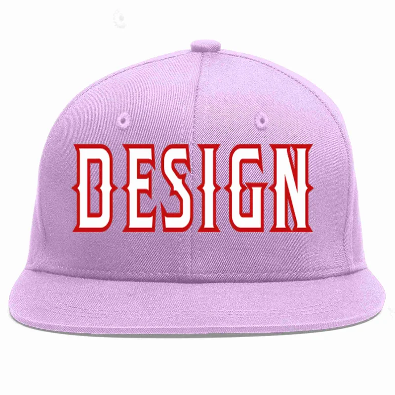 Baseball Cap For Outdoor Sporting Events-Custom Light Purple White-Red Flat Eaves Sport Baseball Cap Design for Men/Women/Youth