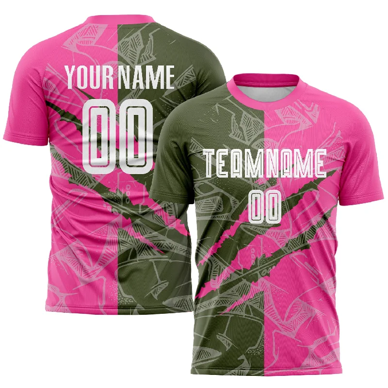 Football Jersey With Player Portraits-Custom Graffiti Pattern Olive-Pink Scratch Sublimation Soccer Uniform Jersey